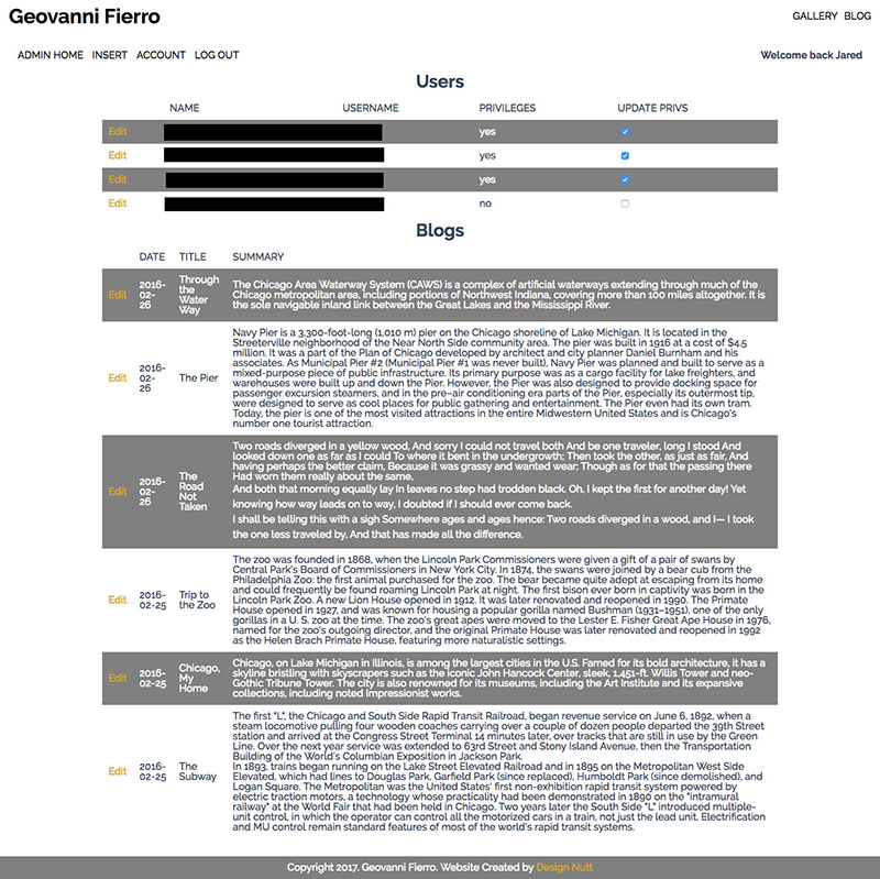 Admin page for website layout